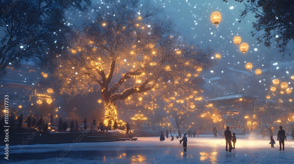 A panoramic view of a serene park lit with golden lanterns, where families gather around a glowing tree under the softly falling snow. A panoramic view of a serene park lit with golden lanterns, where families gather around a glowing tree under the softly falling snow.