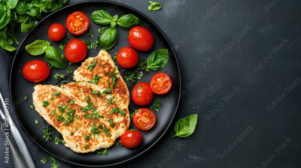 A satisfying omelette is plated with fresh basil leaves and ripe cherry tomatoes. The dish displays vibrant colors and appetizing textures, perfect for any meal