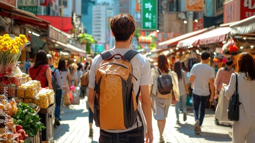 A traveler explores a bustling market filled with vibrant colors and lively atmosphere.