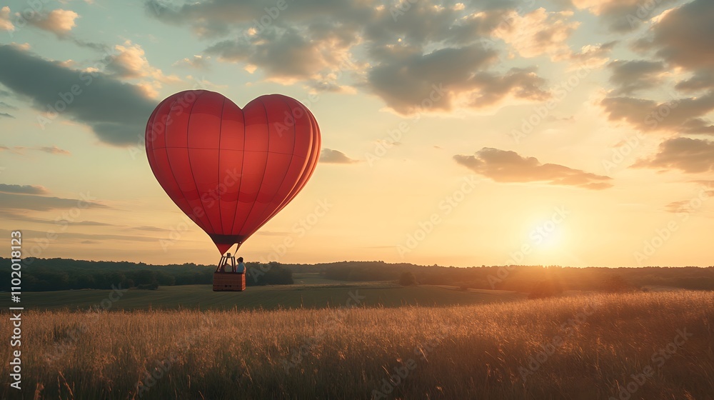 Fototapeta premium A cinematic shot of a heart-shaped hot air balloon floating over a serene countryside at sunset, with warm light reflecting off the basket holding a couple.