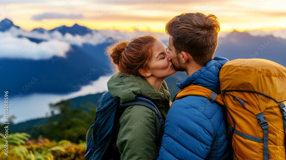 Romantic Outdoor Kiss Between Young Couple Surrounded by Nature at Sunset in Scenic Landscape Romantic Outdoor Kiss Between Young Couple Surrounded by Nature at Sunset in Scenic Landscape