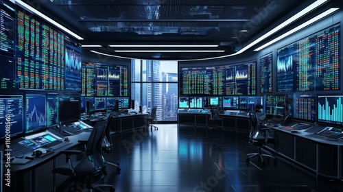 Empty in Stock exchange a Technologically Advanced Office with Multiple Computer Screens with Real-Time Financial Data, Economy Forecasts, stock market background