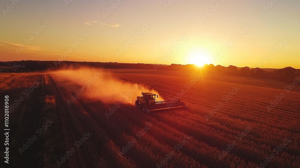 Fototapeta premium A combine harvester working in a field at sunset, creating a dust cloud.