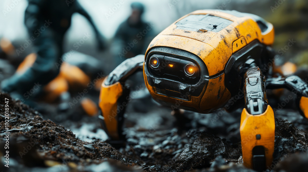 Close-Up of Futuristic Robot Exploring Wet Terrain in a Sci-Fi Landscape with Soldiers in Background Close-Up of Futuristic Robot Exploring Wet Terrain in a Sci-Fi Landscape with Soldiers in Background