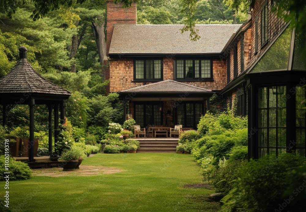 Tranquil Backyard Sanctuary with Lush Greenery, Charming Gazebo, and Inviting Patio Surrounded by Nature's Beauty in a Serene Residential Setting Tranquil Backyard Sanctuary with Lush Greenery, Charming Gazebo, and Inviting Patio Surrounded by Nature's Beauty in a Serene Residential Setting