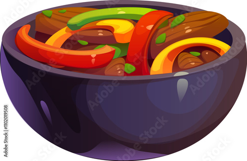 Mexican fajitas, stir fried dish, include colorful sauteed strips of bell peppers, onions, herbs and meat, served in a bowl. Isolated cartoon vector traditional Mexican meal, restaurant food, dinner