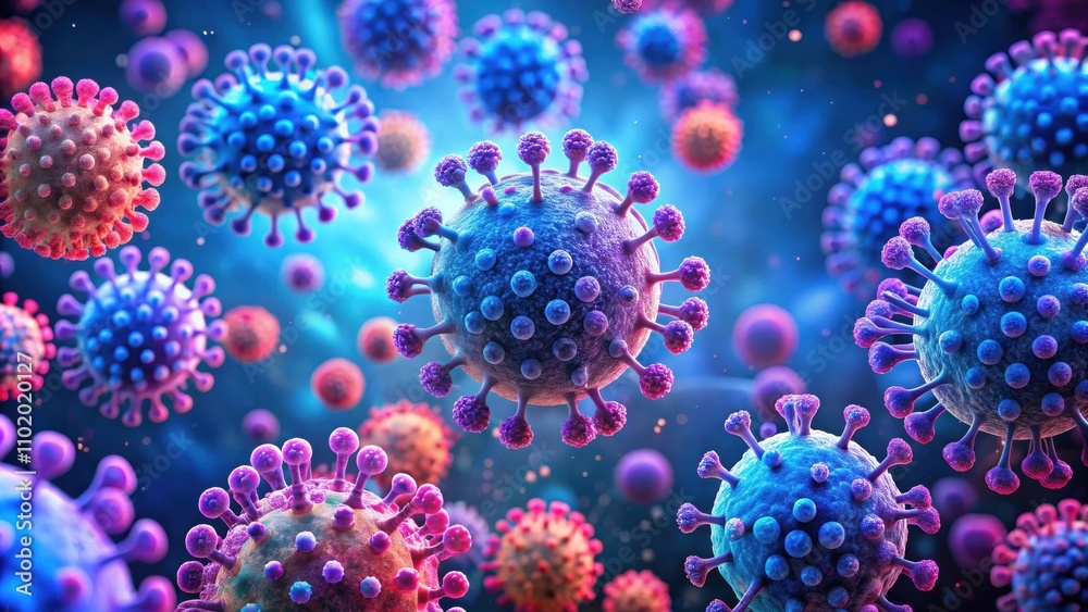 Viral particles in blue and pink colors under a microscope, microscopic, view, illuminated, hues, blue, pink, virus Viral particles in blue and pink colors under a microscope, microscopic, view, illuminated, hues, blue, pink, virus