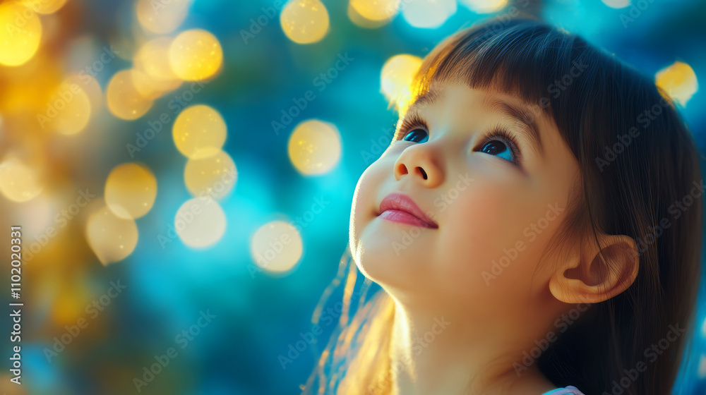 Young Child Gazes Upward with Wonder Under Soft Bokeh Lights in Enchanting Atmosphere Young Child Gazes Upward with Wonder Under Soft Bokeh Lights in Enchanting Atmosphere