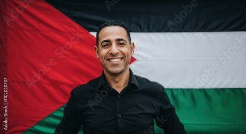 Confident portrait of smiling middle-eastern man with palestinian flag in background photo