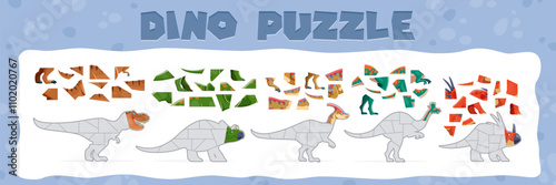 Kids game, prehistoric dinosaur animal jigsaw puzzle maze vector worksheet. Cartoon cute tyrannosaurus rex, styracosaurus, lambeosaurus and avaceratops dinosaur animal characters matching game quiz