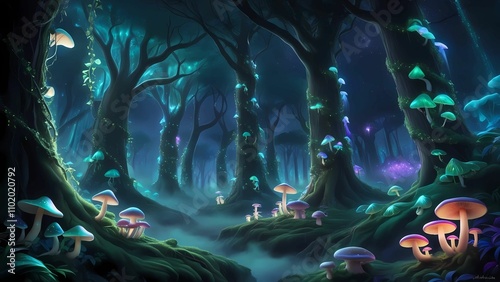 Enchanted Nocturnal Forest: Mystical Glow of Fungi and Leaves photo