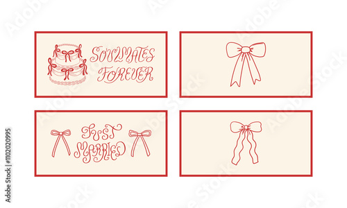 Set of wedding invitations and greeting card with hand drawn lettering and cakes with bows. Vector illustration of calligraphy quote and ribbons. Soulmates forever and just married phrases