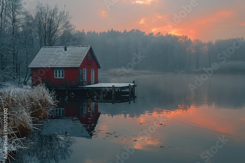 Fototapeta Naklejka Na Ścianę i Meble -  Foggy morning on the lake with red wooden house in winter,.     
