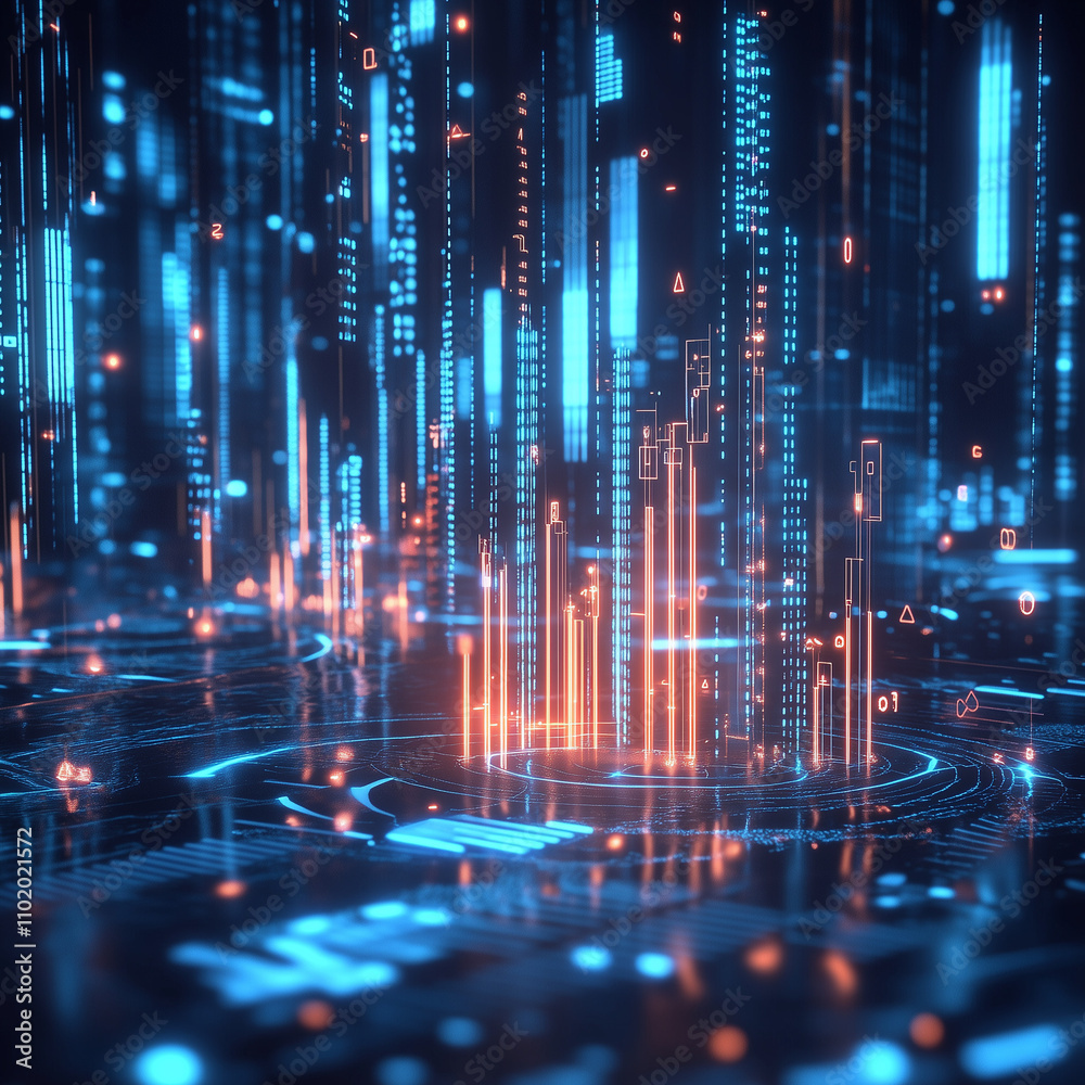 Vivid 3D financial chart displaying dynamic market trends, glowing in neon blue against a futuristic digital background Vivid 3D financial chart displaying dynamic market trends, glowing in neon blue against a futuristic digital background
