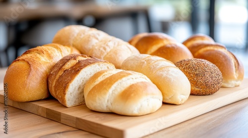 A selection of various breads, each with distinct textures and crusts, placed on a wooden cutting board, portraying a rustic yet elegant bakery presentation.