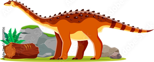 Cartoon prehistoric aegyptosaurus dinosaur character. Isolated vector titanosaurian sauropod dino from Late Cretaceous period. Ancient long-necked herbivore reptile animal at lush landscape with rocks