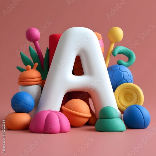 Playful 3D Letter 'A' with Vibrant Objects in CGI Clay Texture photo