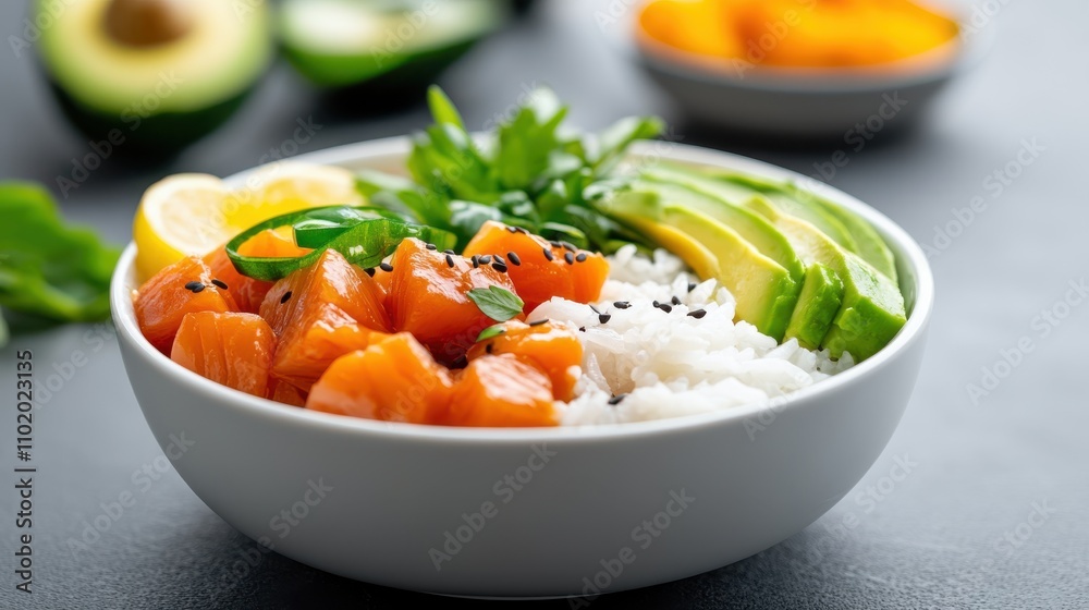 A vibrant poke bowl featuring fresh salmon, sliced avocado, and a bed of fluffy white rice garnished with greens, representing healthy cuisine and freshness. A vibrant poke bowl featuring fresh salmon, sliced avocado, and a bed of fluffy white rice garnished with greens, representing healthy cuisine and freshness.
