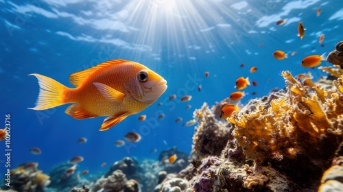 A radiant orange fish glides through a vibrant coral haven, its fins casting mesmerizing patterns of light, capturing nature's underwater spectacle exquisitely.