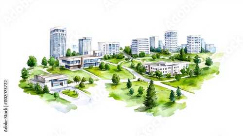 A hand-drawn sketch of an urban planning design emphasizing sustainability, titled 