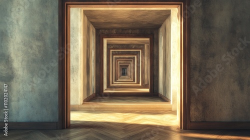 Sunlit hallway with receding doorways creating a perspective illusion in an aged building.