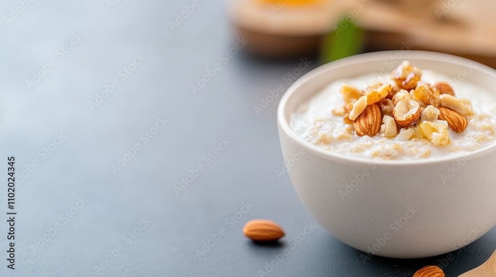 A serene breakfast scene with a white bowl of oatmeal adorned with a variety of nuts and honey, suggesting a mix of textures and a wholesome lifestyle.