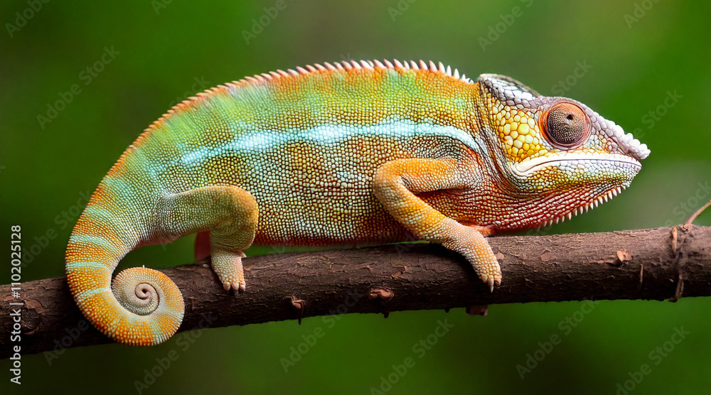 A close-up of a chameleon on a branch, showcasing its textured skin and bright, vivid colors A close-up of a chameleon on a branch, showcasing its textured skin and bright, vivid colors