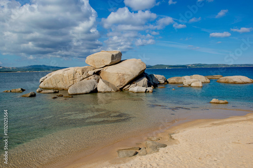 Fototapeta Naklejka Na Ścianę i Meble -  beautiful beach of Palau in Sardinia-Italy, with turquoise and crystalline sea and big rock of granit in water