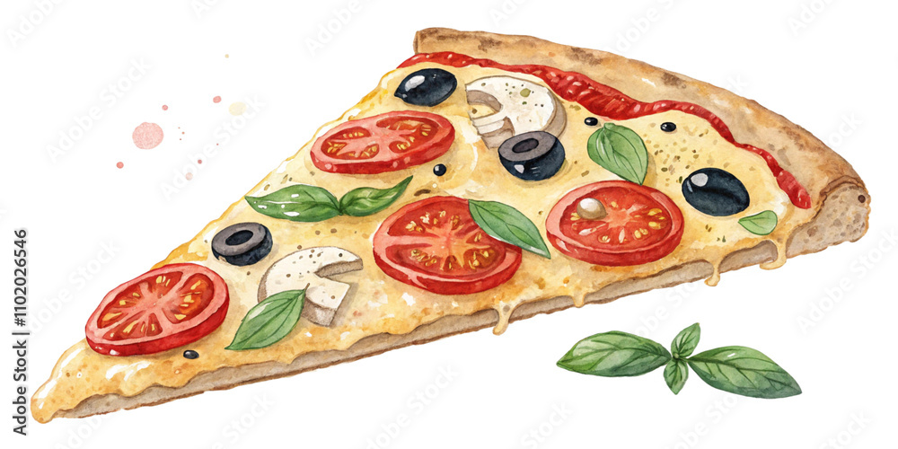A slice of pizza with olives, tomatoes, and cheese,isolated on white background or transparent background