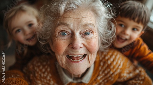 An elderly woman with fair skin and white hair, blue eyes wide and mouth open in joyful surprise; his grandchildren run towards him for an unexpected visit. photo