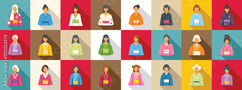 Young girl kimono icons set. Diverse women showcasing traditional japanese kimonos in various colors and styles