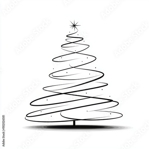 A simple yet elegant one-line drawing of a Christmas tree with a star, garland, and decorations, displayed on a transparent background in a linear fashion.