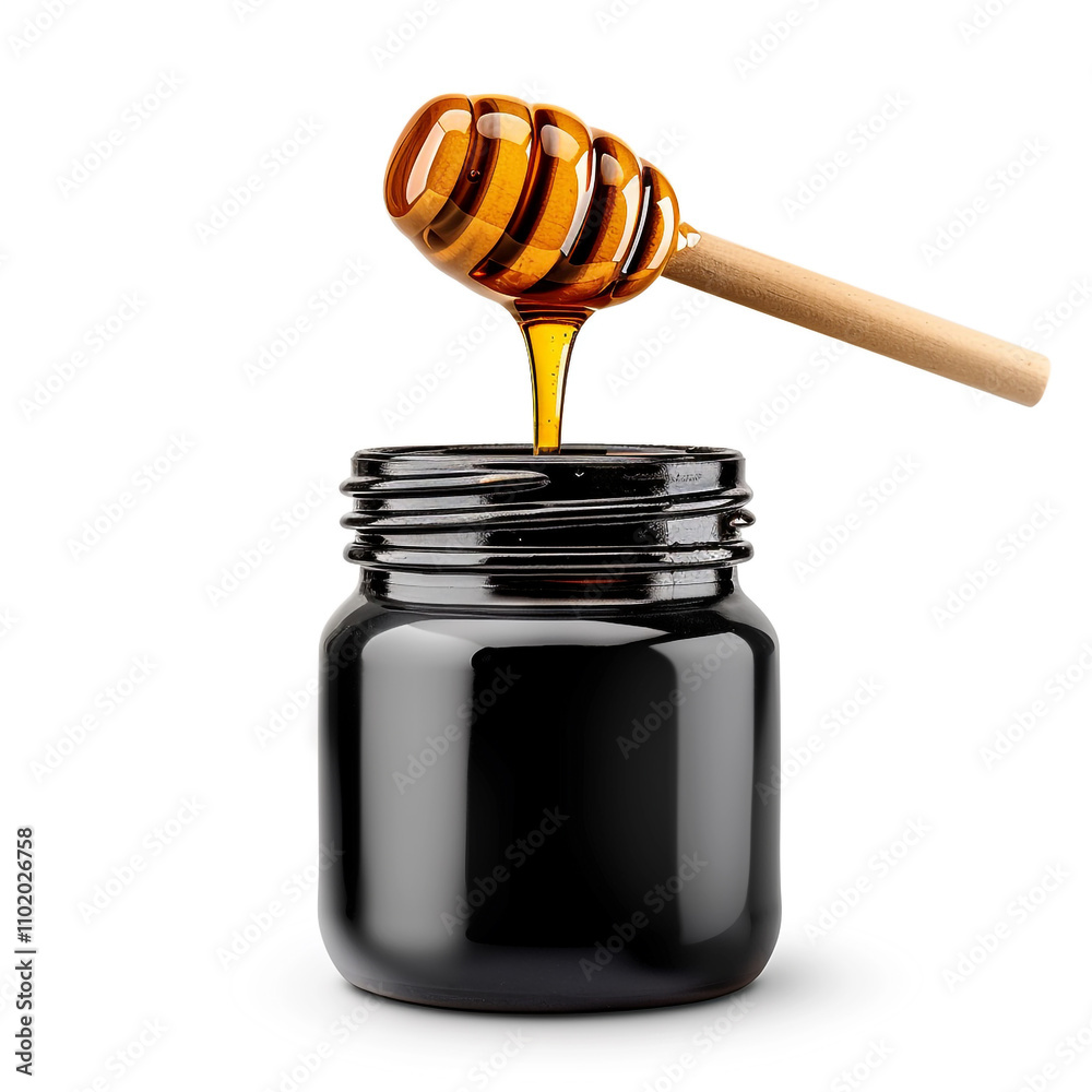 Close-up of a Wooden Dipper in a Jar of Honey Close-up of a Wooden Dipper in a Jar of Honey