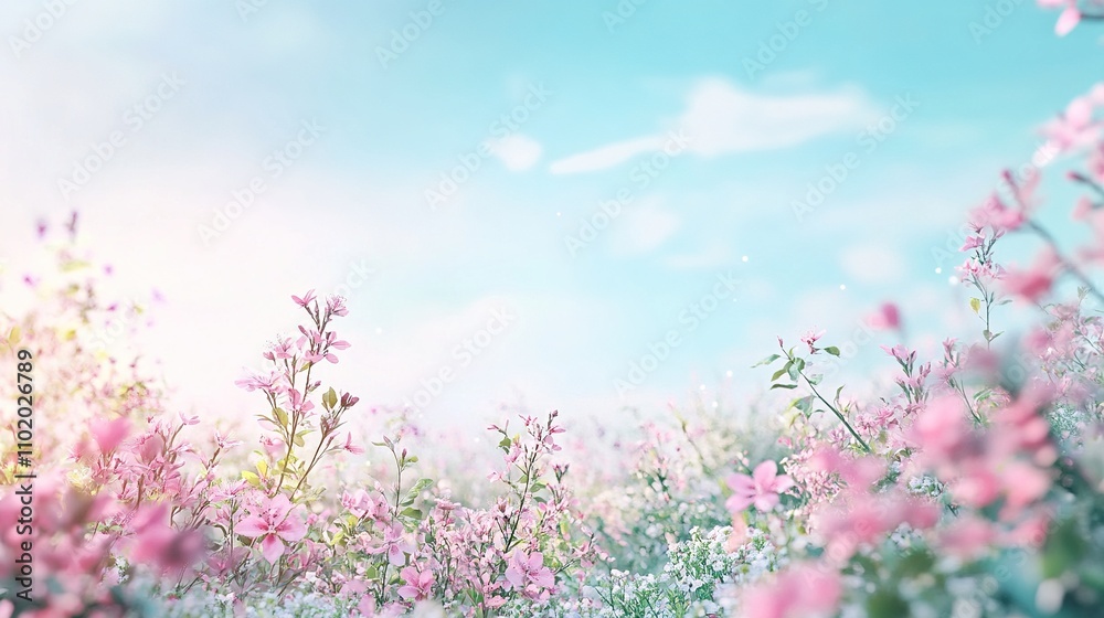 Obraz premium Dreamy Spring Meadow: A field of delicate pink blossoms stretches towards a serene blue sky, bathed in the warm glow of the rising sun. This idyllic image evokes a sense of peace, tranquility.