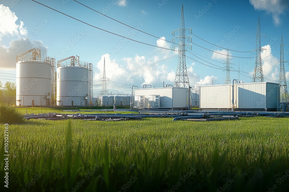 An industrial storage tanks arranged in rows on the ground and surrounded by electric power towers with power lines running to them An industrial storage tanks arranged in rows on the ground and surrounded by electric power towers with power lines running to them