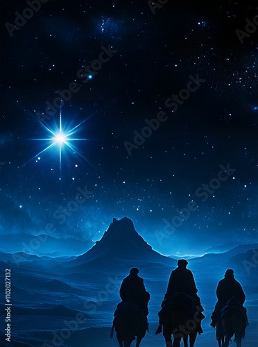 paisaje de un cielo azul de noche con la estrella de belen brillante con la silueta de los tres reyes magos en camellos siguiendo el camino 
