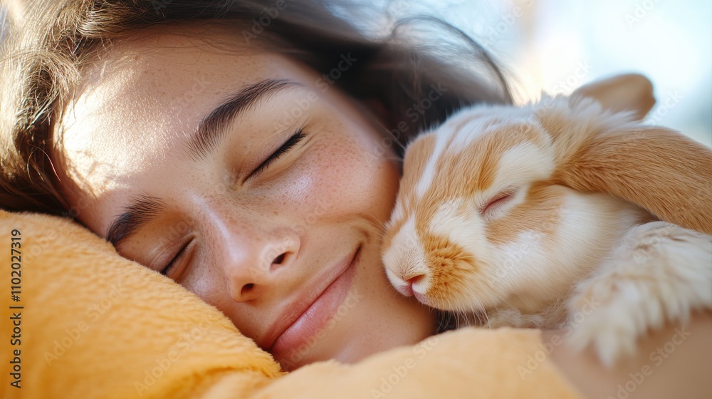 A woman, with her eyes closed, joyfully cuddles a fluffy rabbit, expressing warmth and affection, both basked in a soft, cozy ambiance that radiates serenity. A woman, with her eyes closed, joyfully cuddles a fluffy rabbit, expressing warmth and affection, both basked in a soft, cozy ambiance that radiates serenity.