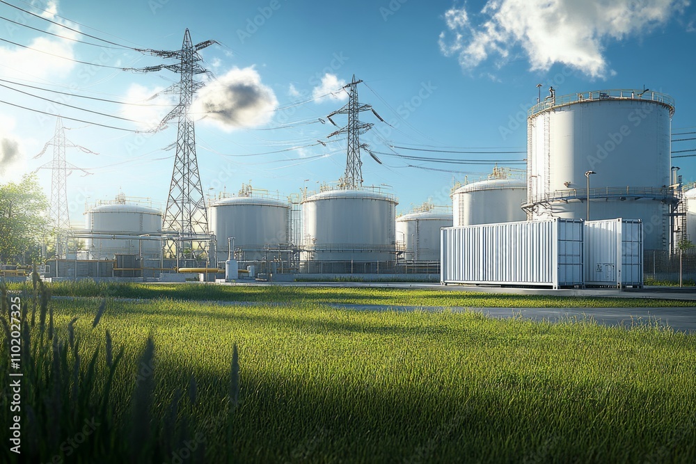 An industrial storage tanks arranged in rows on the ground and surrounded by electric power towers with power lines running to them An industrial storage tanks arranged in rows on the ground and surrounded by electric power towers with power lines running to them