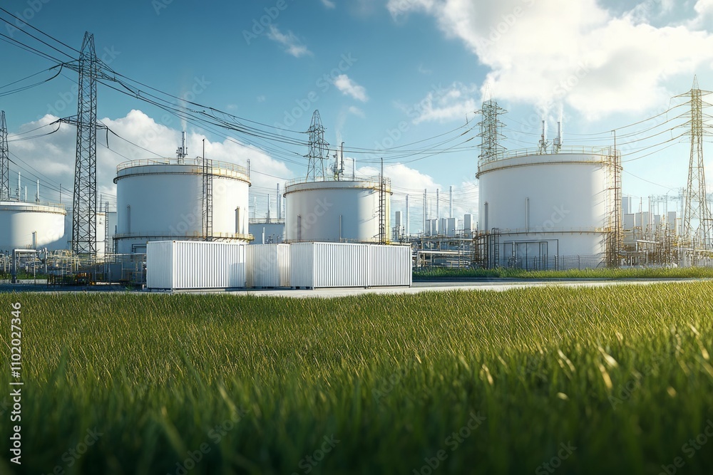 An industrial storage tanks arranged in rows on the ground and surrounded by electric power towers with power lines running to them An industrial storage tanks arranged in rows on the ground and surrounded by electric power towers with power lines running to them