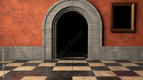 Dark Arched Doorway with Stone Frame and Textured Wall Finish