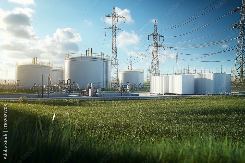 An industrial storage tanks arranged in rows on the ground and surrounded by electric power towers with power lines running to them An industrial storage tanks arranged in rows on the ground and surrounded by electric power towers with power lines running to them