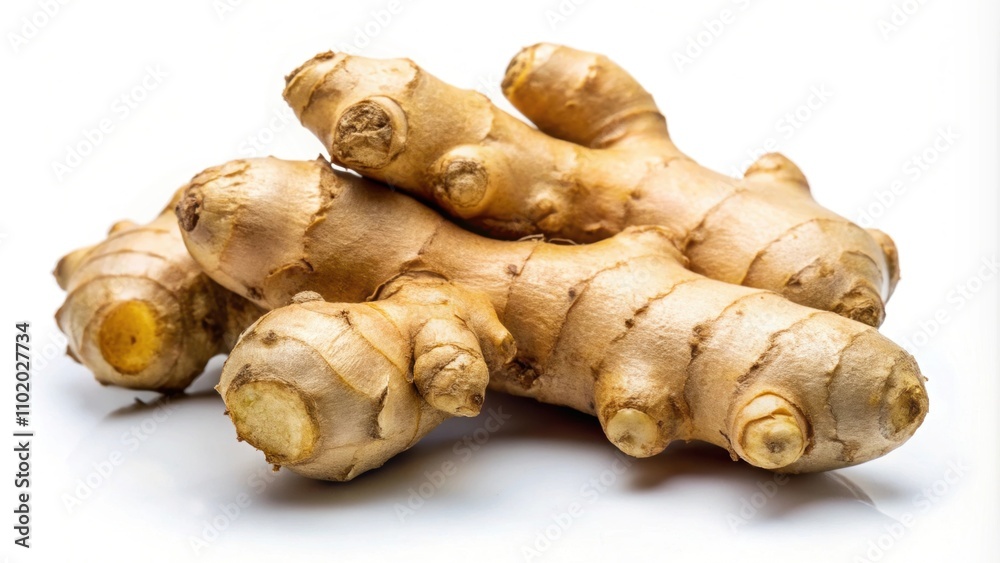 Close-up photo of a ginger root on a white background, ginger, spice, ingredient, fresh, healthy, organic, vegetable Close-up photo of a ginger root on a white background, ginger, spice, ingredient, fresh, healthy, organic, vegetable