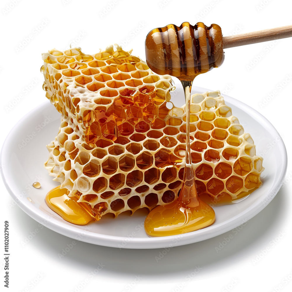 Close-up of Honeycomb and Honey Dipper on a White Background Close-up of Honeycomb and Honey Dipper on a White Background
