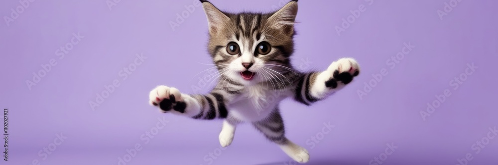 A playful tabby kitten leaping directly toward the camera with wide-open eyes and outstretched paws, creating a dynamic and engaging perspective. Banner wide A playful tabby kitten leaping directly toward the camera with wide-open eyes and outstretched paws, creating a dynamic and engaging perspective. Banner wide