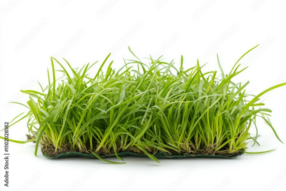 A small patch of fresh grass well-trimmed, vibrant green grass with individual blades visible, isolated on white A small patch of fresh grass well-trimmed, vibrant green grass with individual blades visible, isolated on white