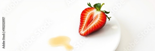 Wallpaper Mural Single strawberry slice placed on a clean white plate with a small drizzle of honey or sugar on the plate for added visual interest, plate, strawberry, food Torontodigital.ca