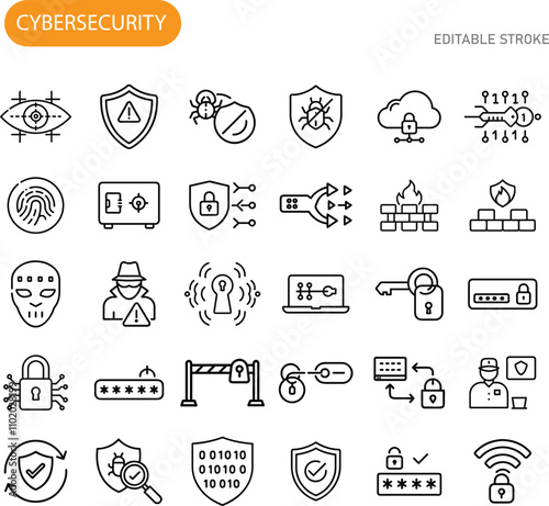 Cybersecurity Icons Data Protection, Network Security, Privacy, and Threats