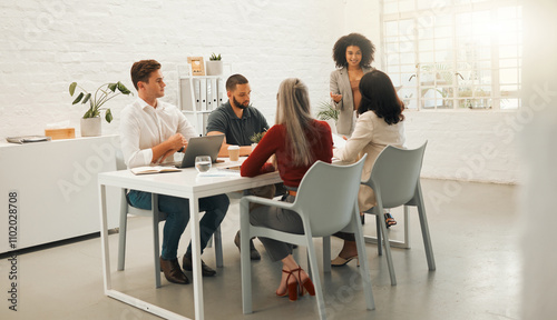 Office, business people and woman with discussion in meeting, planning and process for publication. Boardroom, collaboration and editor in newsroom for news ideas, article pitch and journalist team