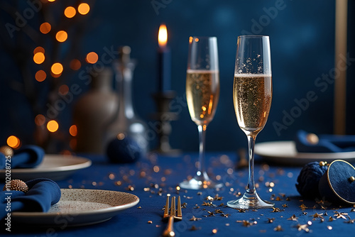 Luxurious Table Setting with Navy and Gold Accents for Elegant Holiday Celebration