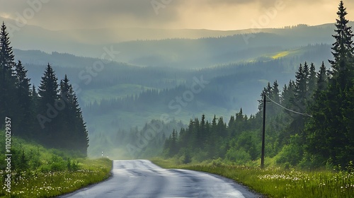 Winding road through misty mountains showcases nature's serene beauty at dawn
